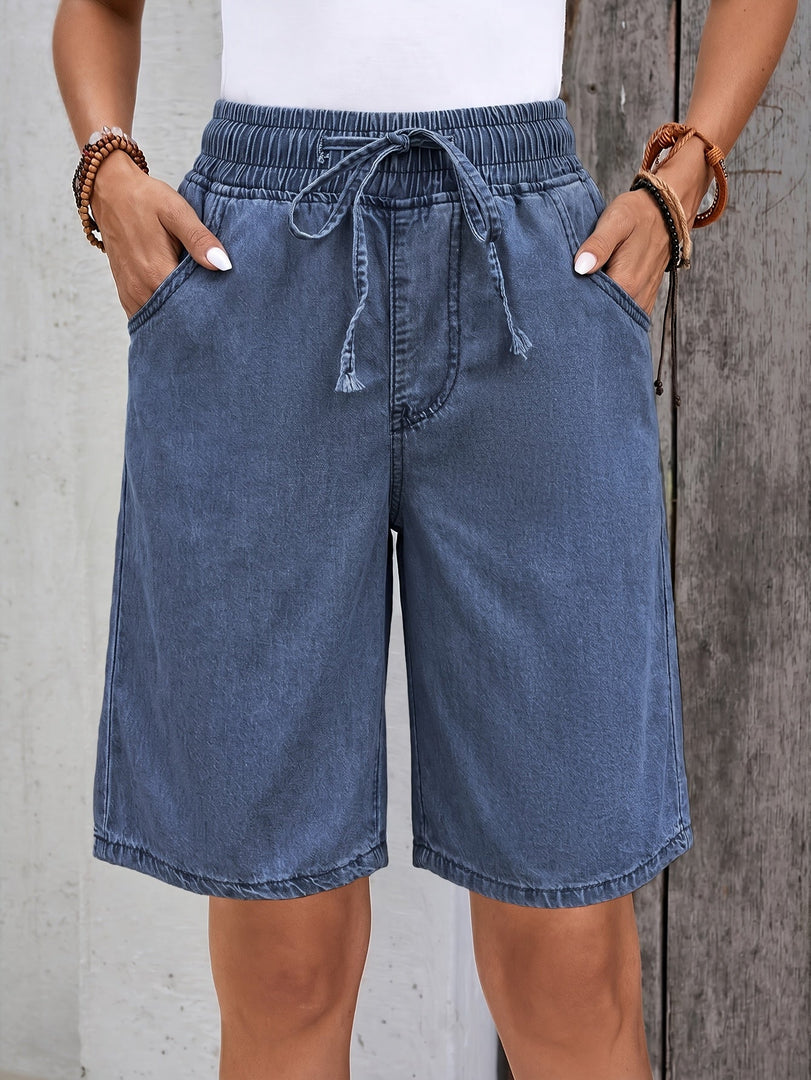 Women's Blue Jean Shorts High Waist Drawstring Pocket Bermuda Style