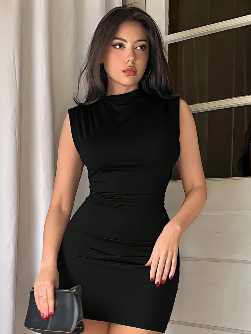 Women's Little Black Dress Mock Neck Sleeveless Ruched Bodycon Fitted Mini Party Style