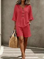 Load image into Gallery viewer, Women's Linen Two Piece Set V Neck Button Front Ruffle Sleeve Shorts Style
