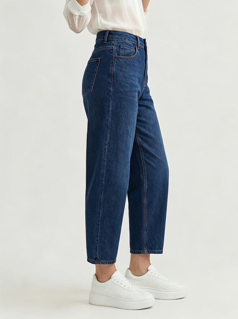 Women's Deep Blue Relaxed Mom Jeans High Waist Barrel Leg Tapered Ankle