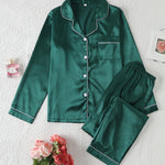 Load image into Gallery viewer, Comfortable Satin Pajamas for Women with Collar Button Front Piping Trim
