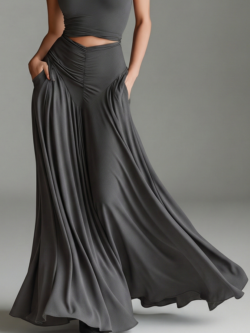 Women's Gray Maxi Dress Turtleneck Halter Cutout Waist Ruched Skirt Sleeveless Formal Style