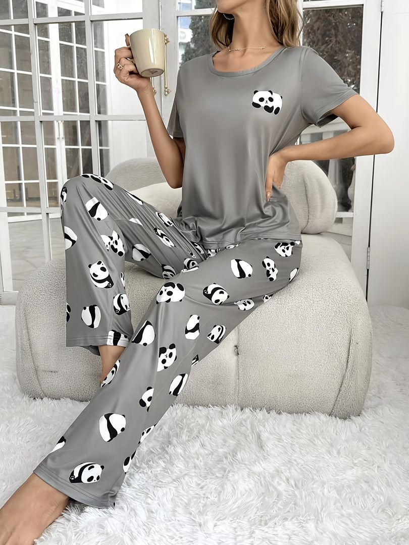 Women's Grey Pajamas Panda Print Short Sleeve Two Piece