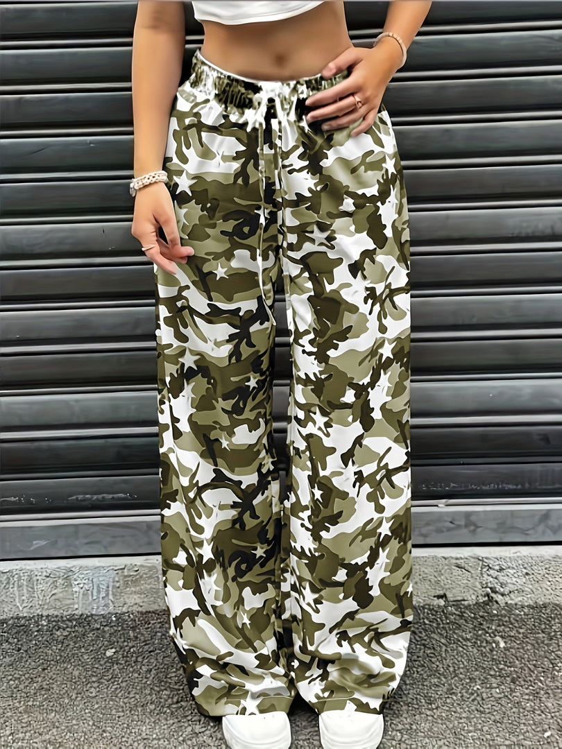 Women's Camo Cargo Pants Wide Leg Drawstring Waist Baggy Fit