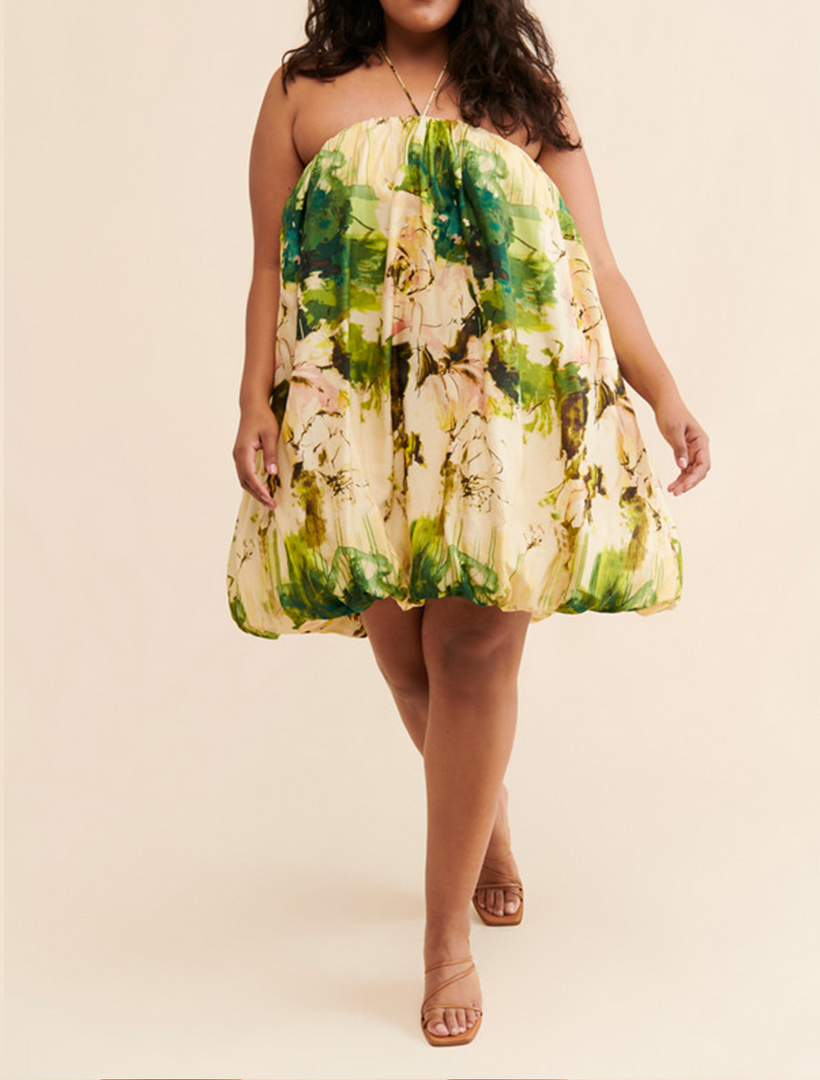 Women's Green Floral Mini Dress Halter Neck Bubble Hem