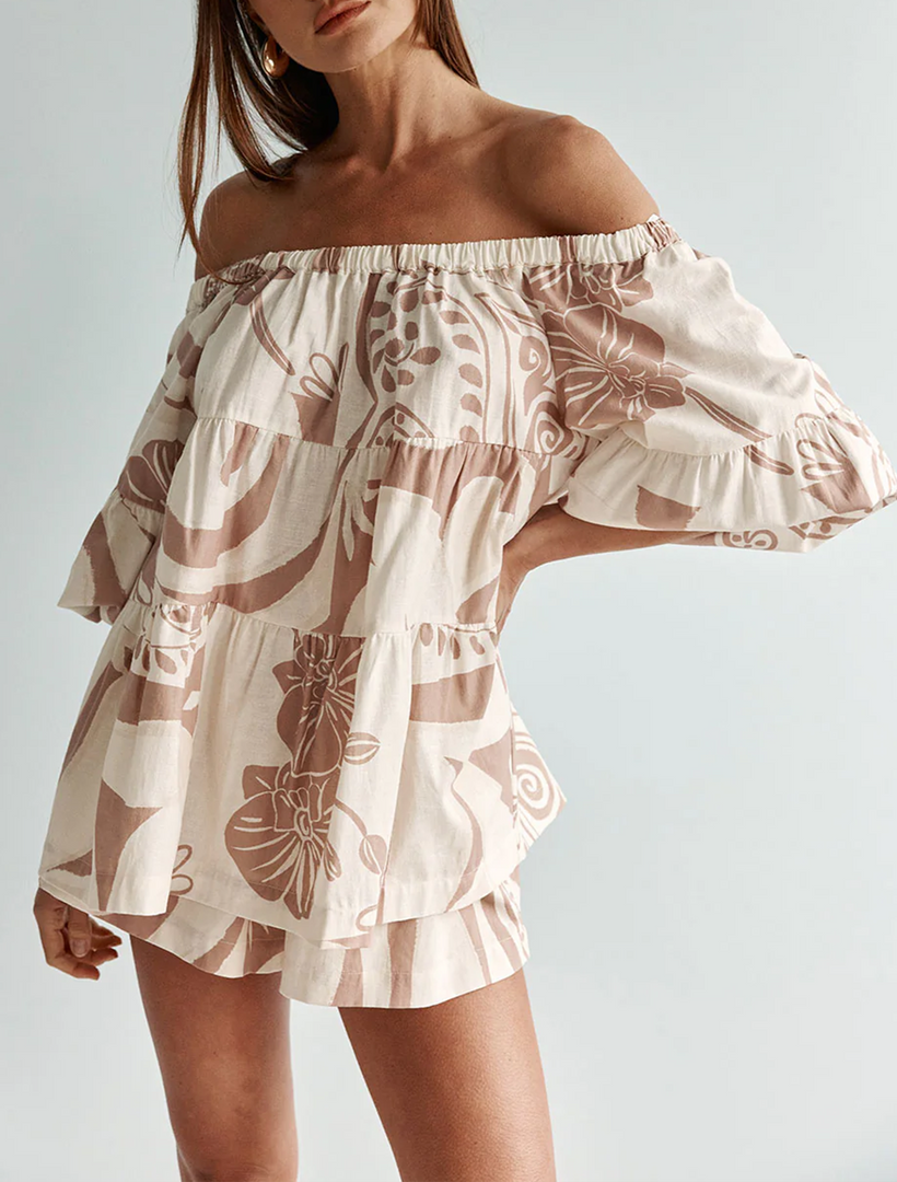 Women's Beige Off Shoulder Matching Set Tiered Ruffle Floral Print
