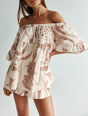 Women's Beige Off Shoulder Matching Set Tiered Ruffle Floral Print