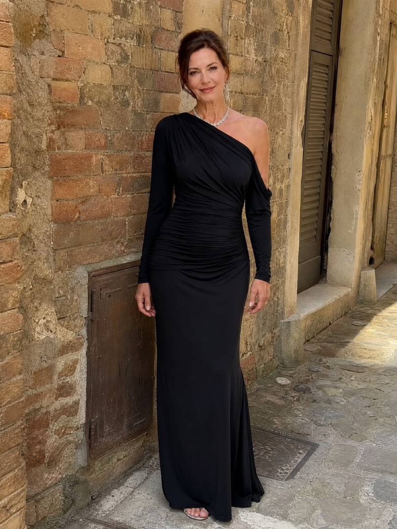 Women's Black Maxi Dress One Shoulder Long Sleeve Ruched Fitted Formal Wedding Guest Style