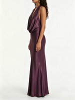 Load image into Gallery viewer, Women's Purple Satin Maxi Dress Cowl Neck Halter Backless Formal Wedding Guest Style

