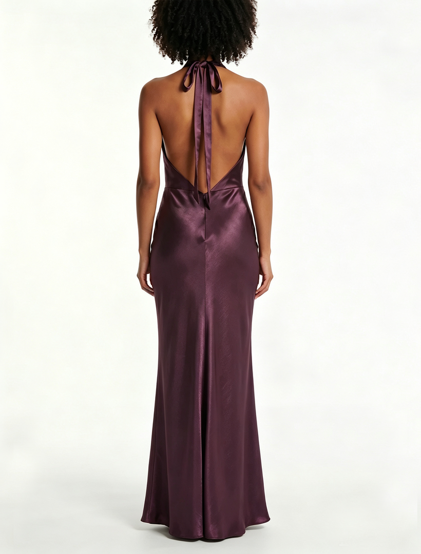 Women's Purple Satin Maxi Dress Cowl Neck Halter Backless Formal Wedding Guest Style