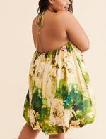 Load image into Gallery viewer, Women's Green Floral Mini Dress Halter Neck Bubble Hem
