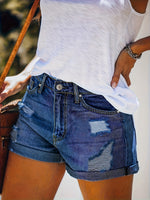 Load image into Gallery viewer, Women's Ripped Denim Shorts High Waist Distressed Cuffed Hem Casual Street Style
