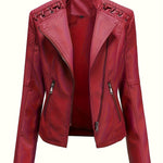 Load image into Gallery viewer, Women's Leather Moto Jacket Notch Lapel Zip Front Studded Shoulder
