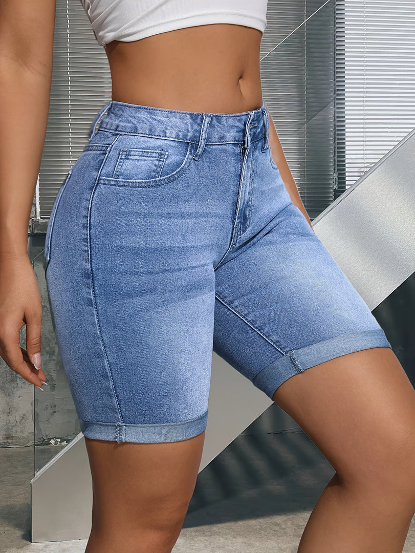Women's Blue Denim Shorts High Waist Stretch Bermuda Button Detail Slim Fit Style