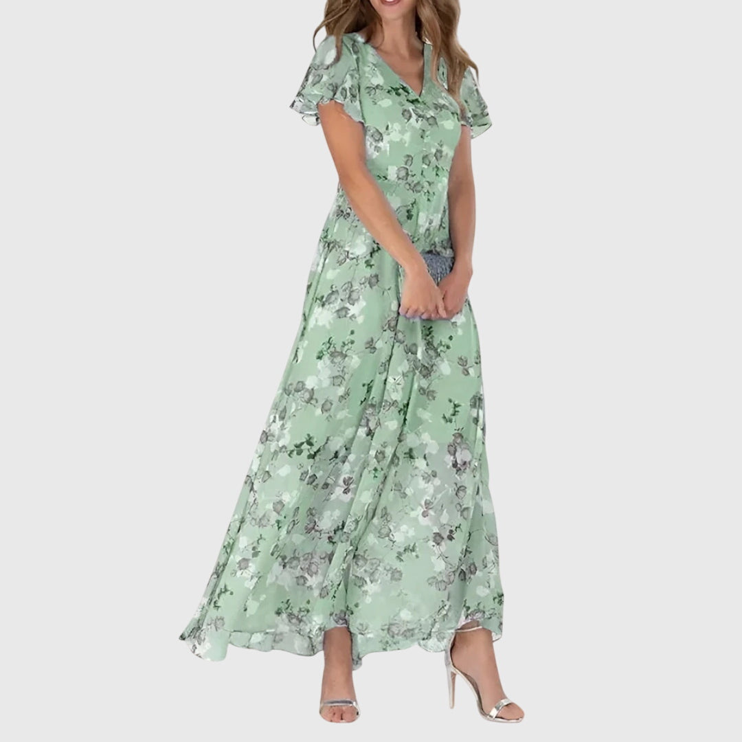 Women's Floral Maxi Dress V Neck Flutter Sleeve Flowing Chiffon Boho Style