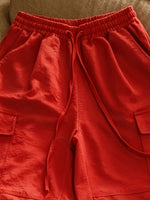 Load image into Gallery viewer, Women's Red Cargo Pants Drawstring Waist Cropped Style
