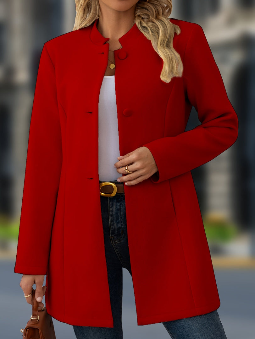 Women's Wool Coat Stand Collar Button Front Belted Waist