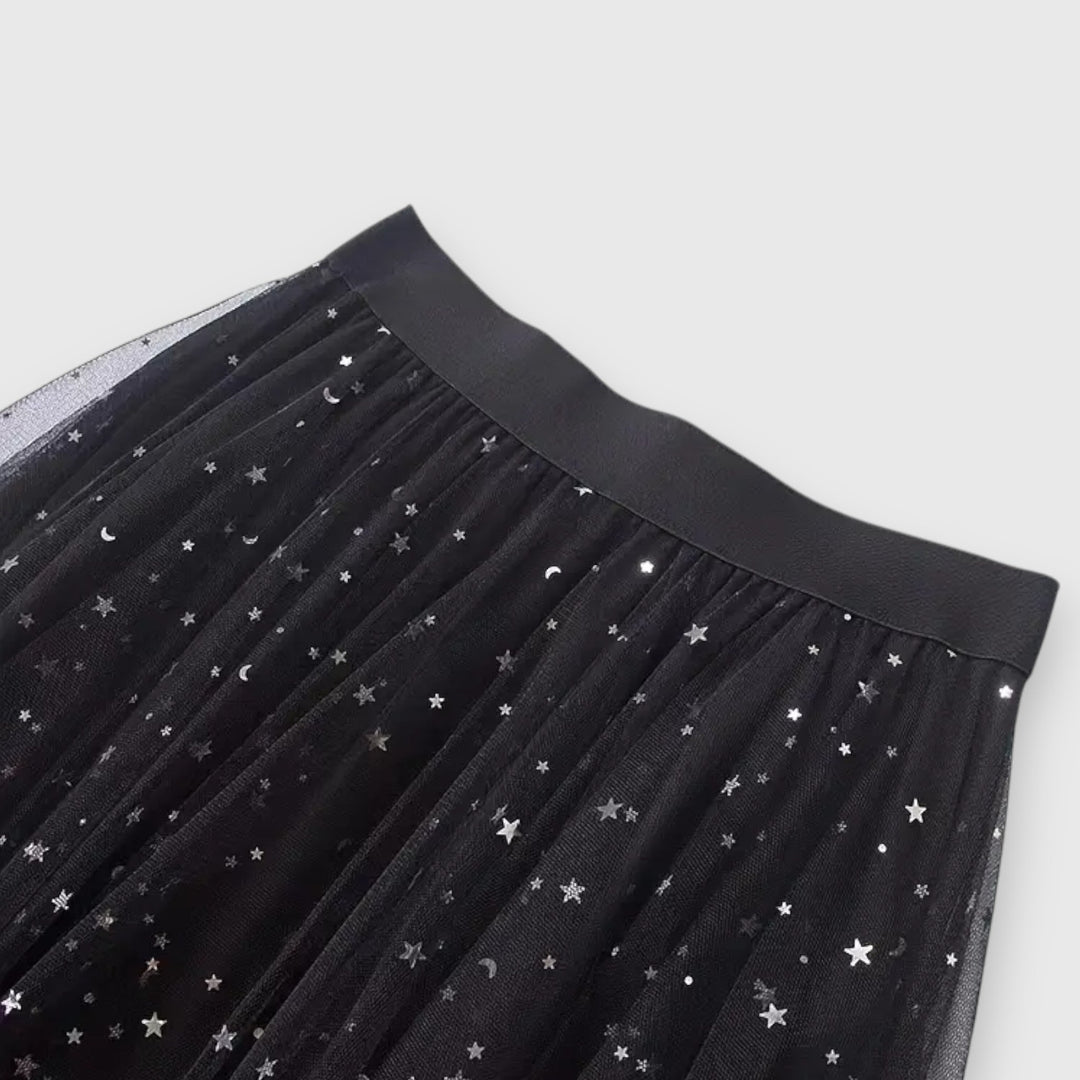 Women's Midi Skirt Elastic High Waist Sparkle Tulle Asymmetric Handkerchief Hem Casual Style
