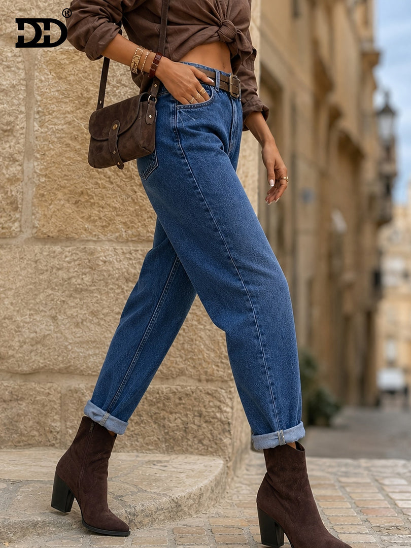Women's Deep Blue Relaxed Mom Jeans High Waist Cuffed Straight Leg