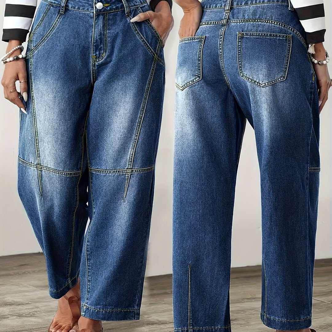 Women's Blue Relaxed Barrel Jeans High Waist Seam Detail Cropped Ankle