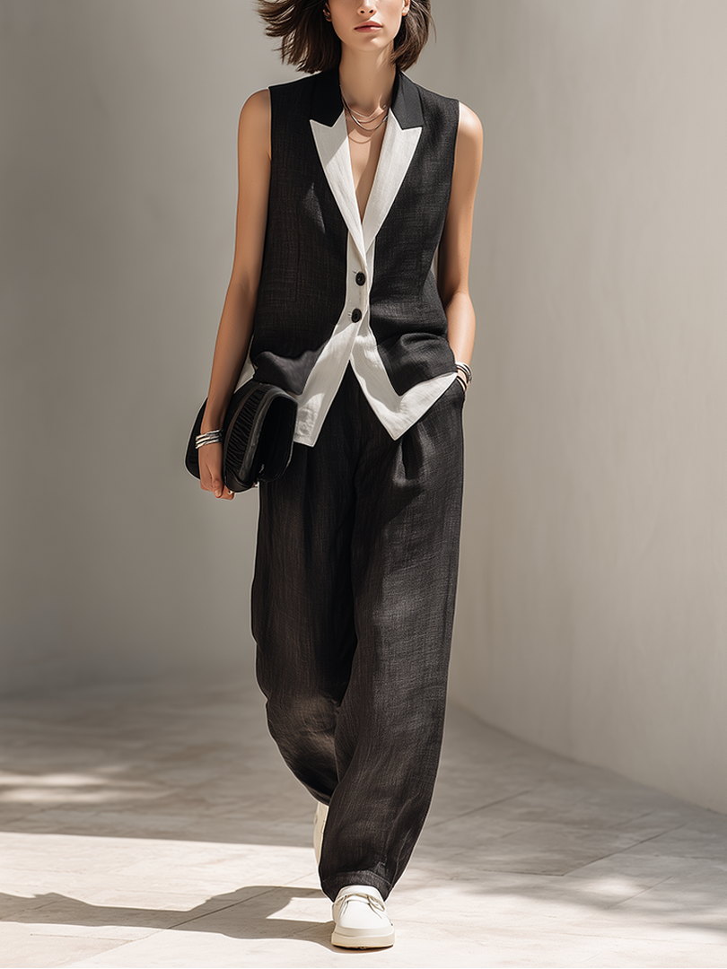 Women's Black Two Piece Set Contrast Trim Vest Top Wide Leg Pants Tailored Style