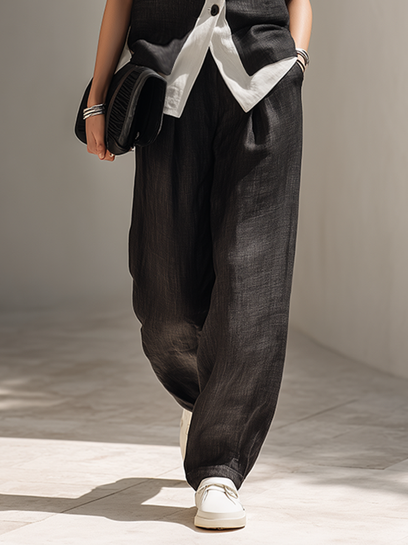 Women's Black Two Piece Set Contrast Trim Vest Top Wide Leg Pants Tailored Style