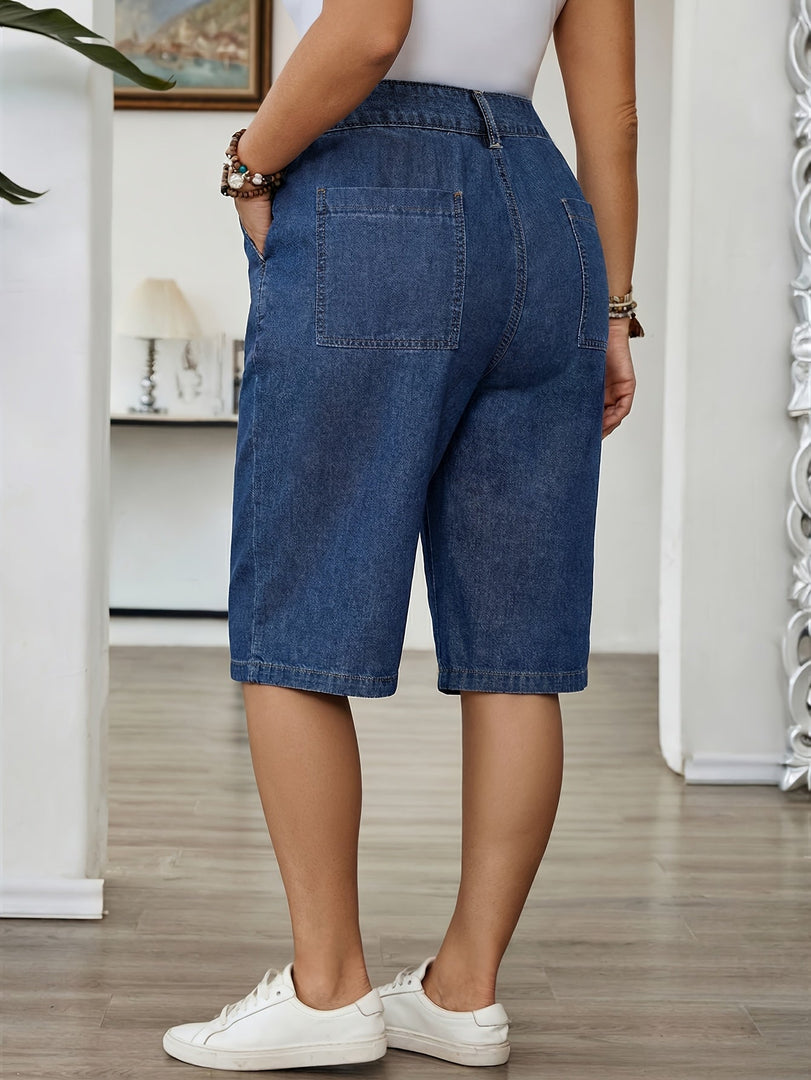 Women's Blue Denim Bermuda Jean Shorts High Waist Pleated Wide Leg