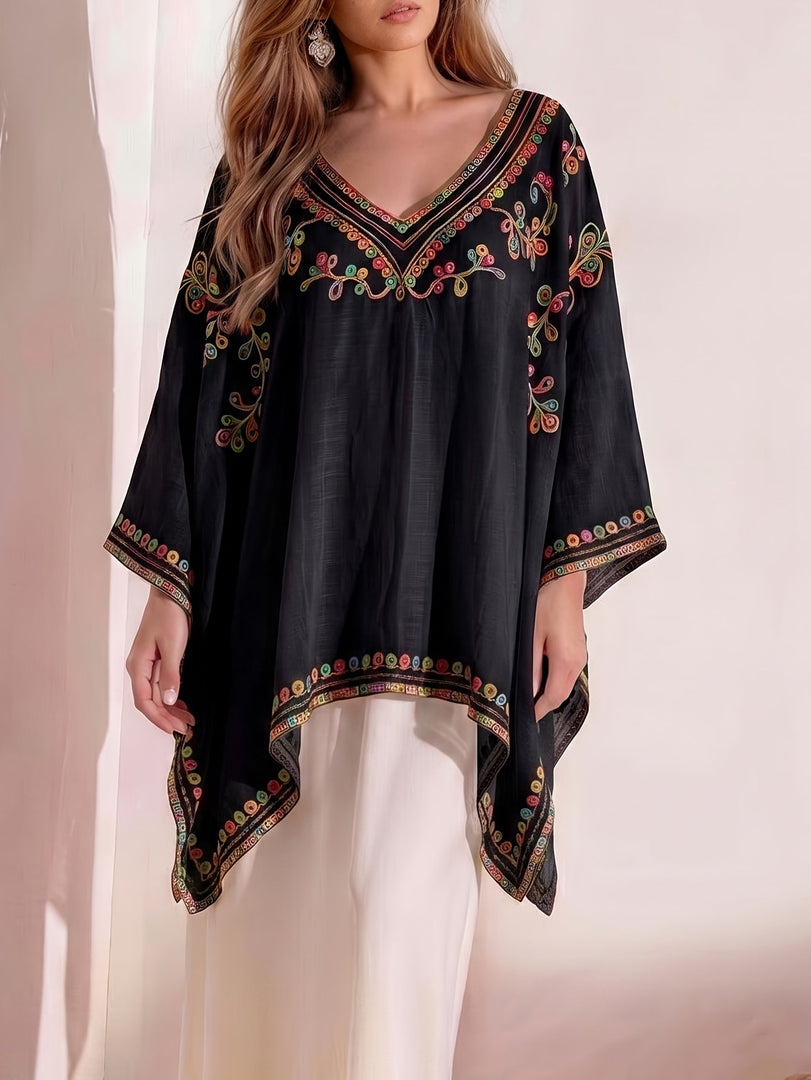 Women's Poncho Shirt V Neck Embroidered Trim Draped Kaftan Style