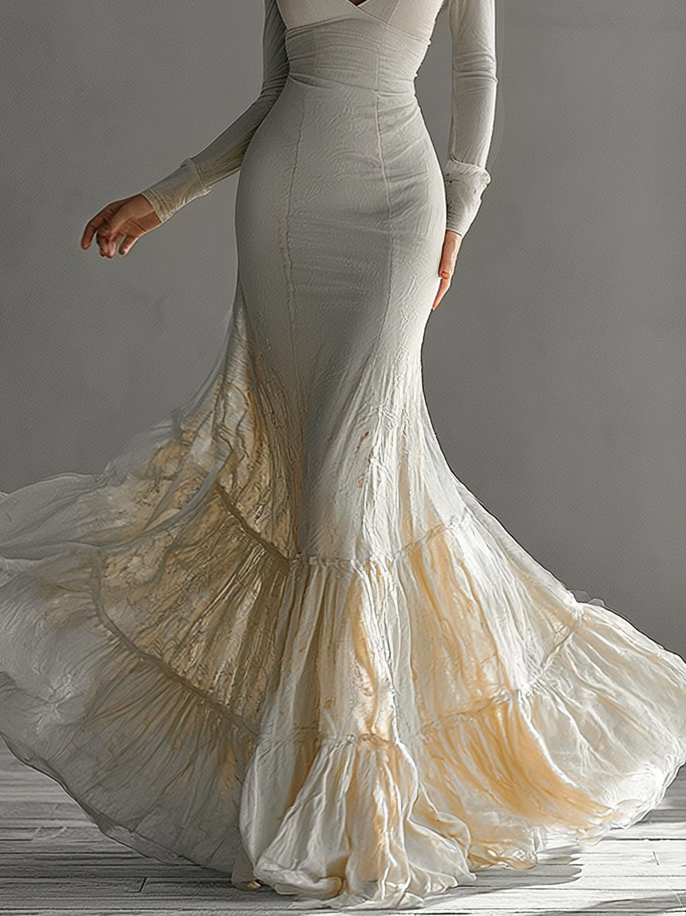 Women's Beige Maxi Dress Deep V Neck Long Sleeve Mermaid Ruffle Formal Evening Style