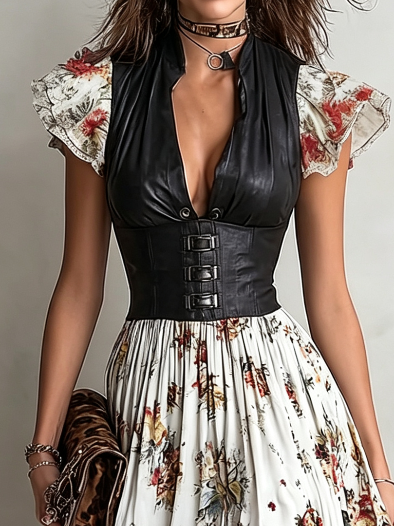 Women's Floral Midi Dress Deep V Neck Corset Waist Puff Sleeve High Slit Style