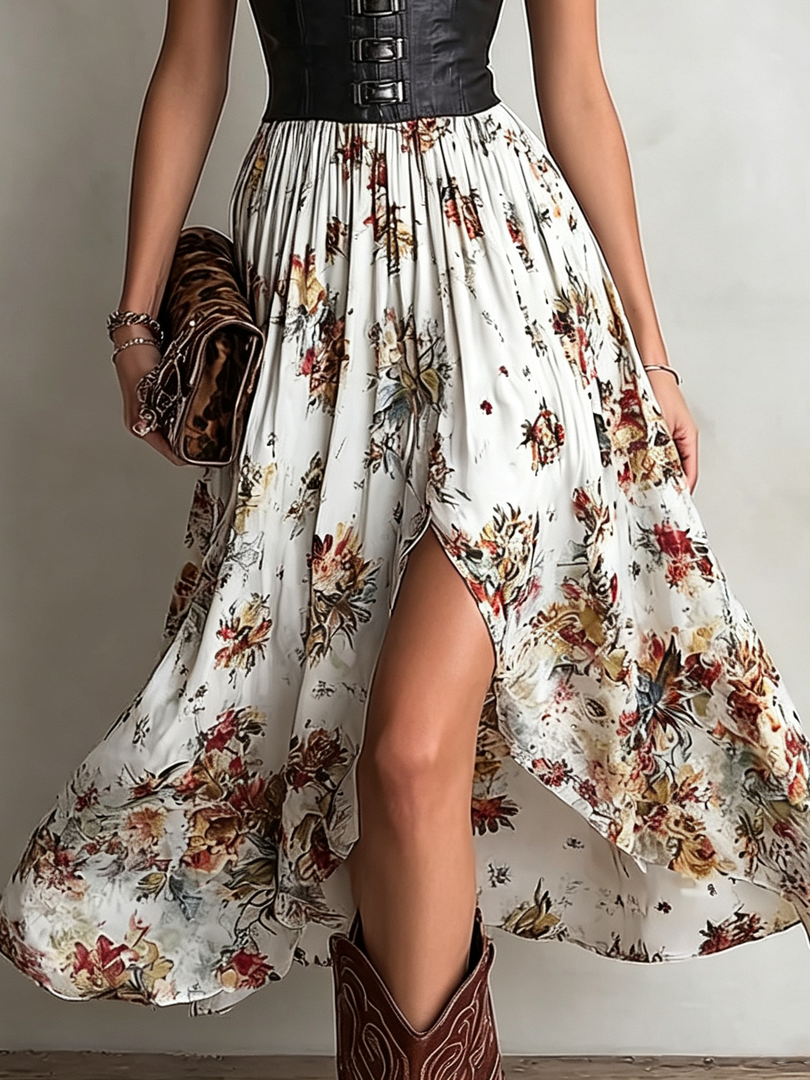 Women's Floral Midi Dress Deep V Neck Corset Waist Puff Sleeve High Slit Style