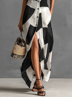 Load image into Gallery viewer, Women's Black and White Shirt Dress Lapel Collar Color Block Button Front Short Sleeve Linen Casual Maxi Style

