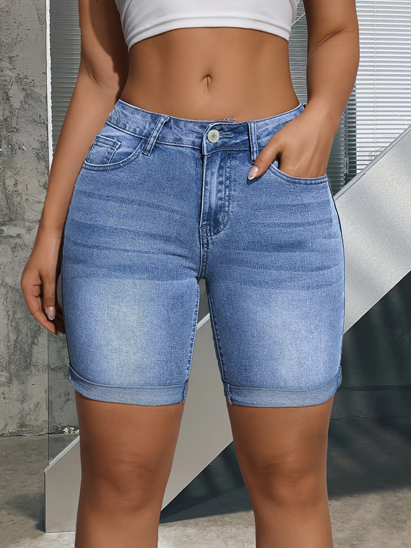 Women's Blue Denim Shorts High Waist Stretch Bermuda Button Detail Slim Fit Style