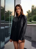 Load image into Gallery viewer, Women's Leather Jacket Button Front Collared Oversized Shacket Style
