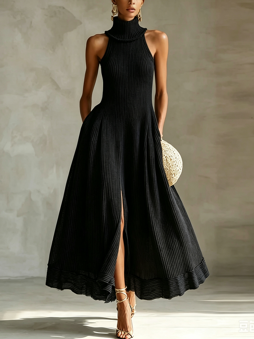 Women's Black Knit Maxi Dress Turtleneck Sleeveless High Slit Flowy a Line Style