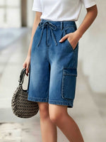 Load image into Gallery viewer, Women's Blue Denim Cargo Jean Shorts High Waist Tie Waist Utility Pockets
