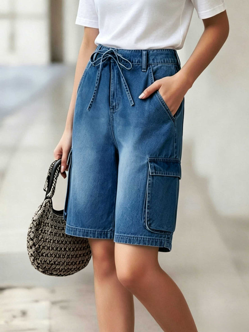 Women's Blue Denim Cargo Jean Shorts High Waist Tie Waist Utility Pockets