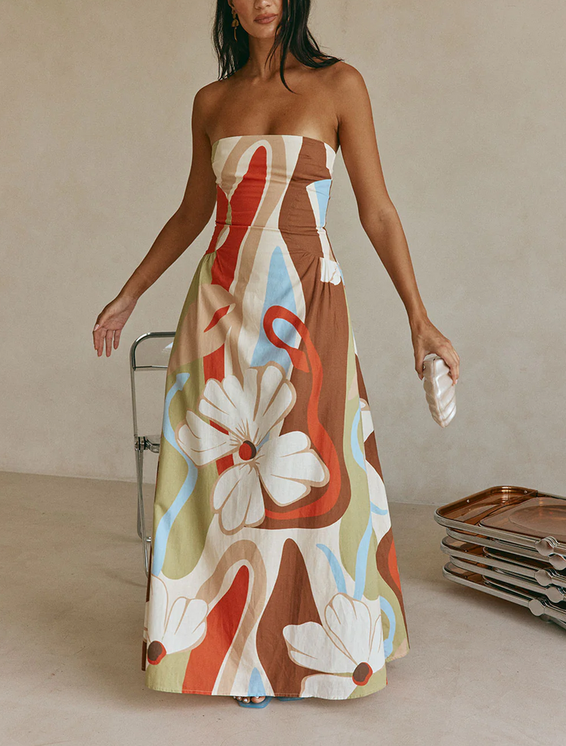 Women's Beige Floral Maxi Dress Strapless Bodice Summer Style