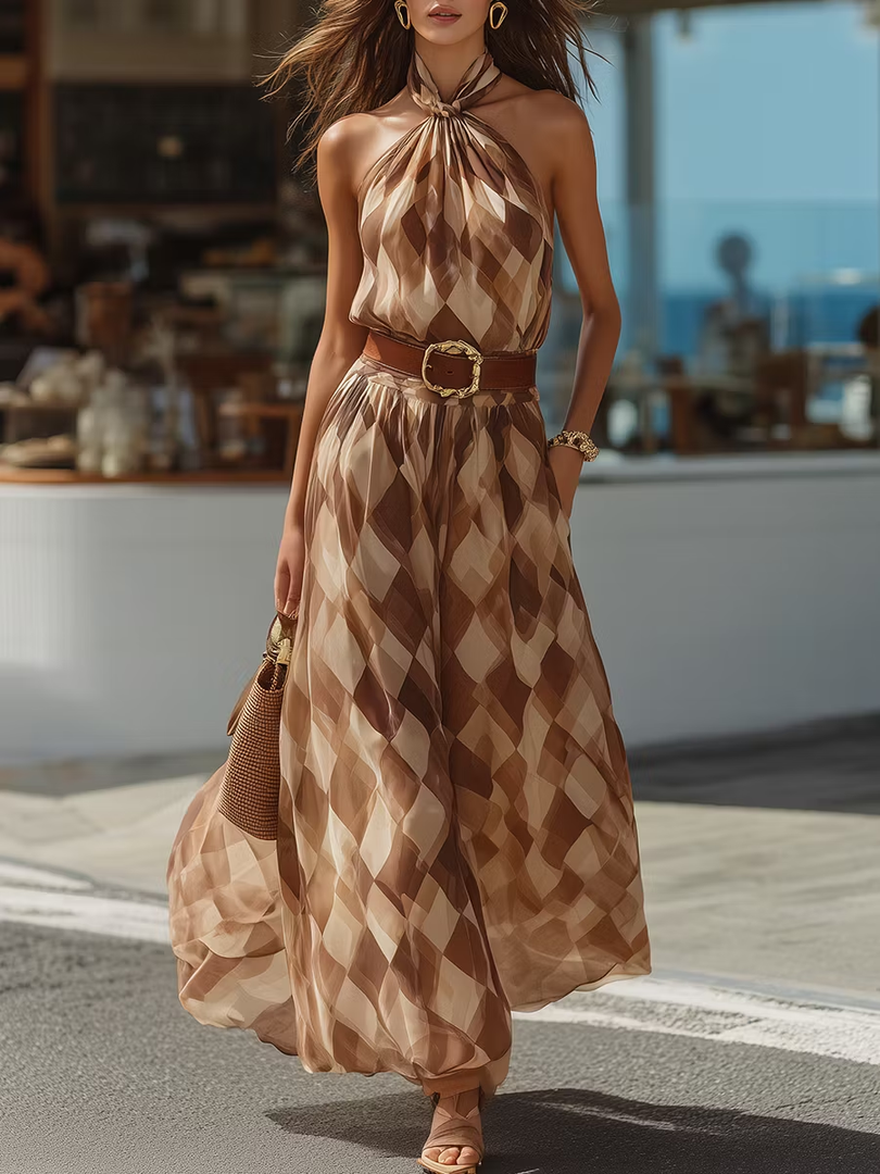 Women's Brown Halter Maxi Dress Twist Neck Belted Waist Geometric Print Flowy Style