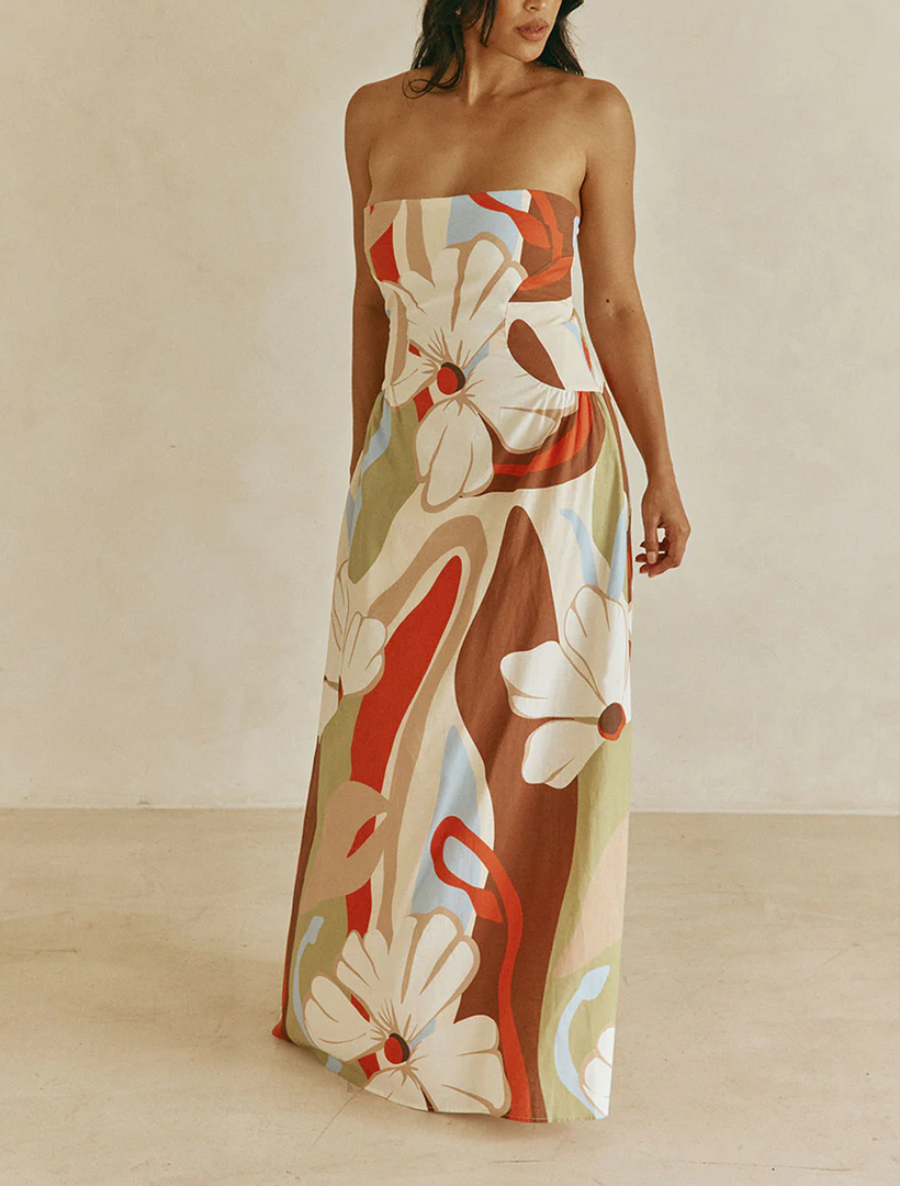 Women's Beige Floral Maxi Dress Strapless Bodice Summer Style