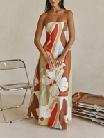 Load image into Gallery viewer, Women's Beige Floral Maxi Dress Strapless Bodice Summer Style
