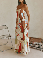 Load image into Gallery viewer, Women's Beige Floral Maxi Dress Strapless Bodice Summer Style
