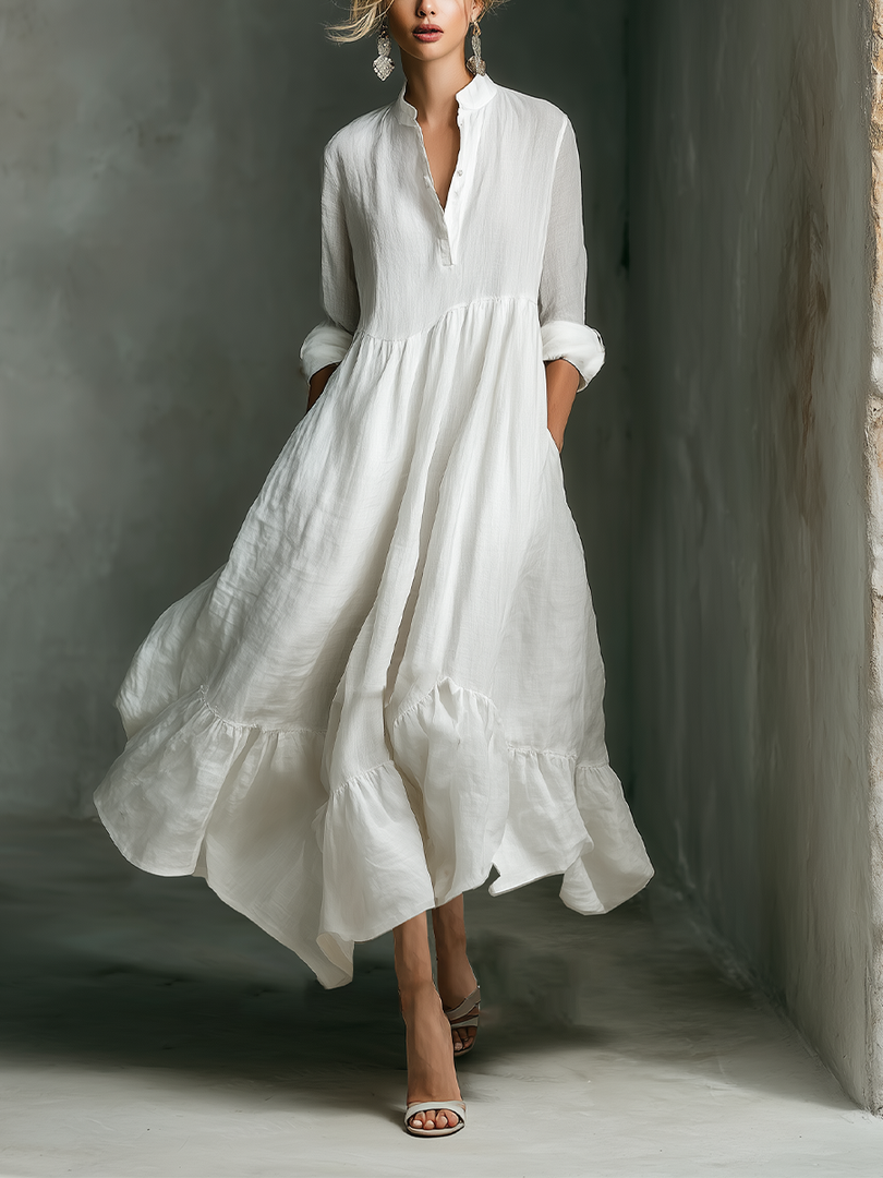 Women's White Maxi Dress Stand Collar Button Placket Long Sleeve Tiered Linen Casual Style