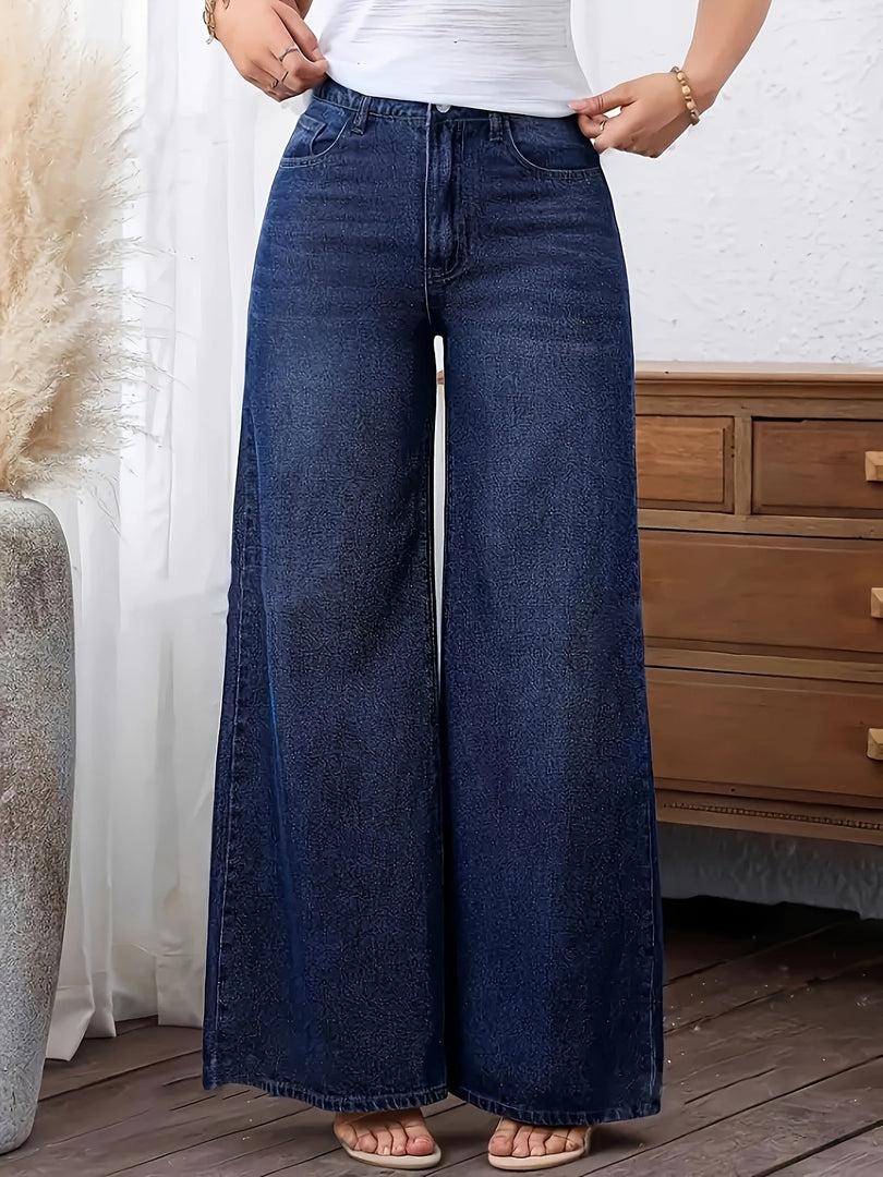 Women's Relaxed Blue Wide Leg Jeans High Waist Flowing Style