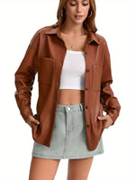 Load image into Gallery viewer, Women's Leather Jacket Button Front Collared Oversized Shacket Style

