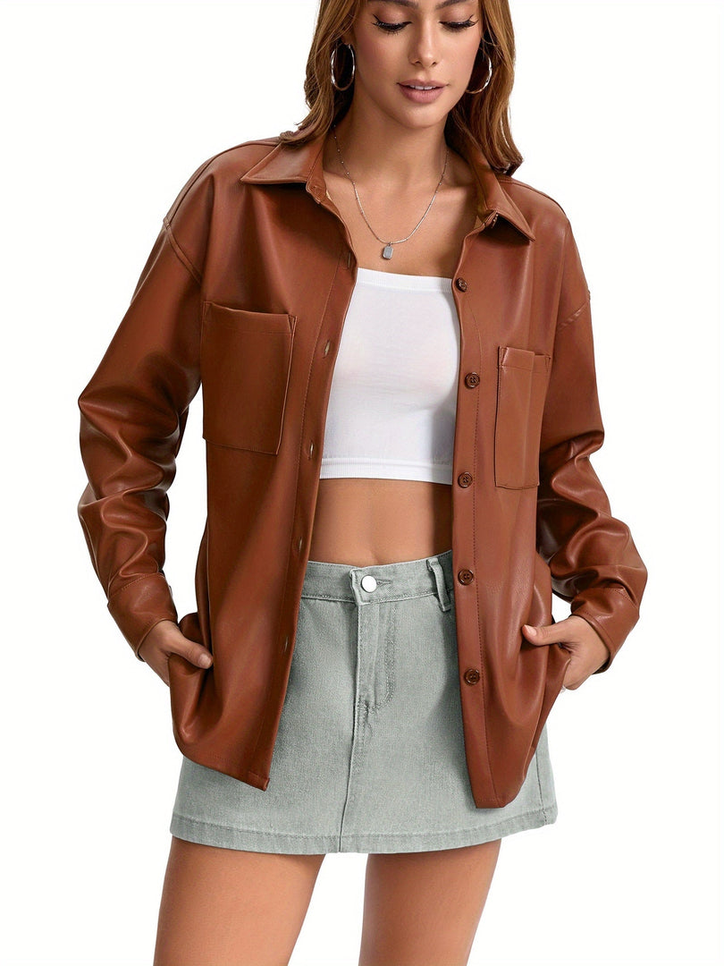 Women's Leather Jacket Button Front Collared Oversized Shacket Style
