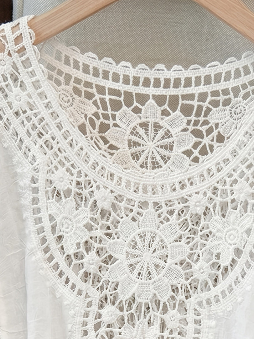 Women's Cream Poncho Shirt Crochet Lace Fringe Hem Draped Style