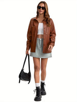 Load image into Gallery viewer, Women's Leather Jacket Button Front Collared Oversized Shacket Style

