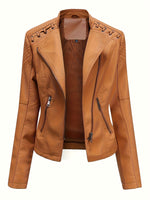 Load image into Gallery viewer, Women's Leather Moto Jacket Notch Lapel Zip Front Studded Shoulder
