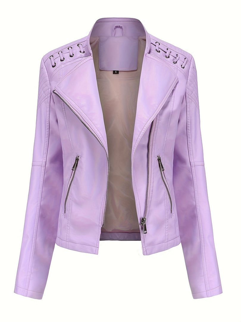Women's Leather Moto Jacket Notch Lapel Zip Front Studded Shoulder